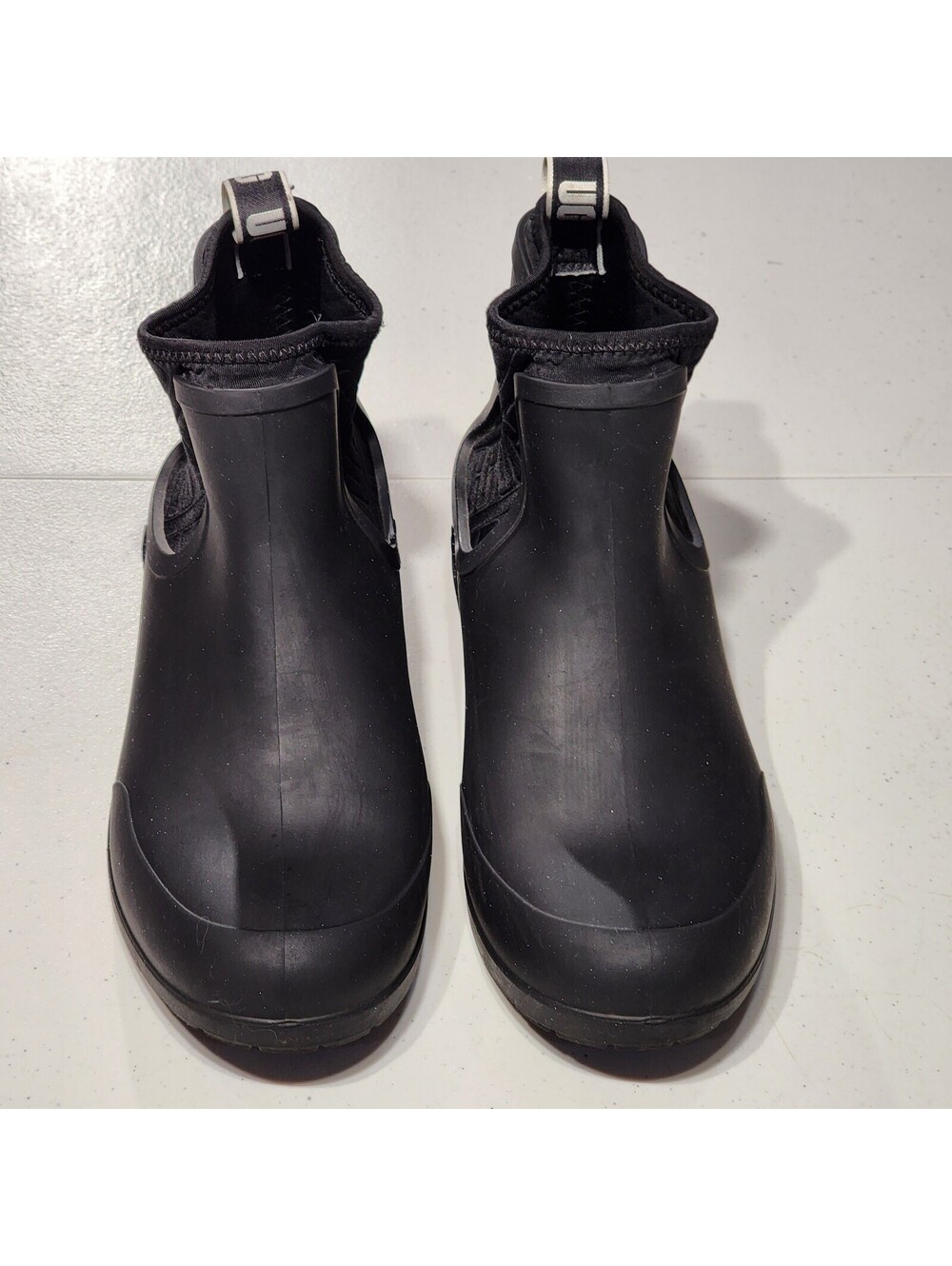 UGG Black Waterproof Rubber Ankle Rain Boot Shearling Lined Pull On Logo Women's
